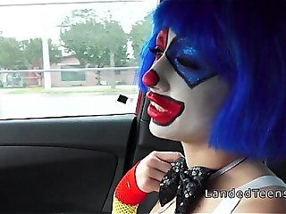 Clown teen sucking huge cock in the car