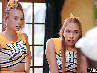 Two cheerleaders visit the coach to see which one will lead the squad this year