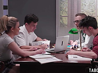 Naughty teen gangbanged by older men with double penetration in a library