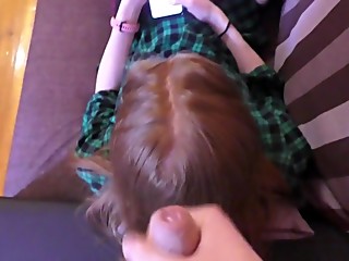 Cum on the stepsister's red hair while she watched instagram