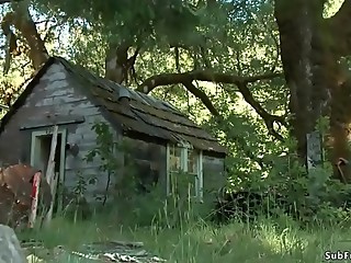 Journalist Chanel Preston investigates ritual in woods of blonde slave Iris Rose and then gets caught and anal fucked in rope bondage by John Strong