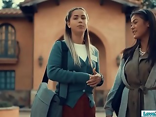 When two Mormon hear they get separated they want to have sex one last time.The big tits asian girl licks her latina hairy pussy